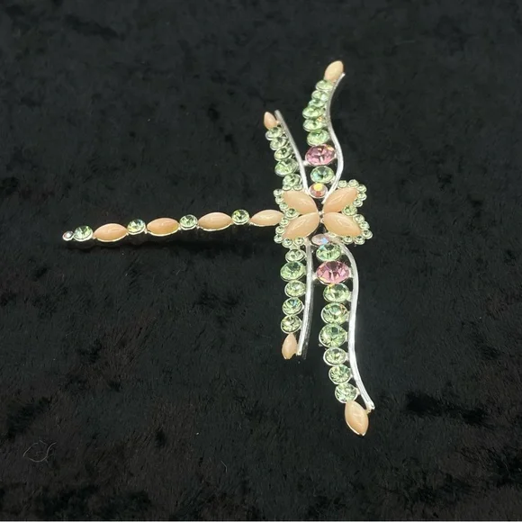 NWT GIVENCHY Dragonfly Pin Brooch Peach Moonstone Silver Tone Green Pink Crystal - Picture 4 of 9